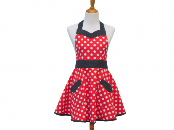 Women's Red, White & Blue Polka Dot Apron front view tied in back