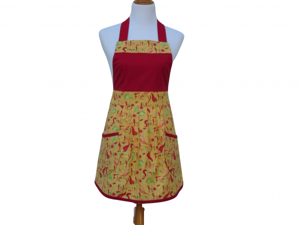 Green, Red & Yellow Chili Peppers Full Apron front view tied in back