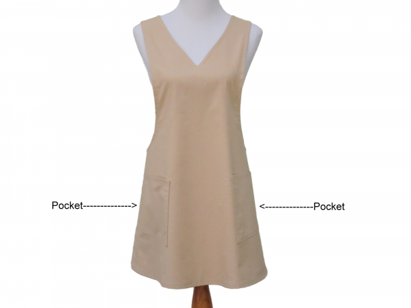 Solid V Neck Japanese Apron front view pockets