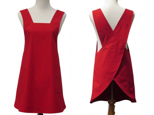 Women's Solid Red Japanese Cross Back Apron front & back views