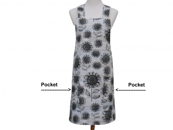 Women's Gray & Black Sunflower Japanese Style Apron front view of pockets
