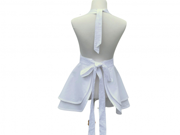 White Retro Style Apron with Lace Trim back view tied in back