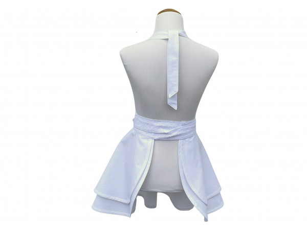 White Retro Style Apron with Lace Trim back view tied in front