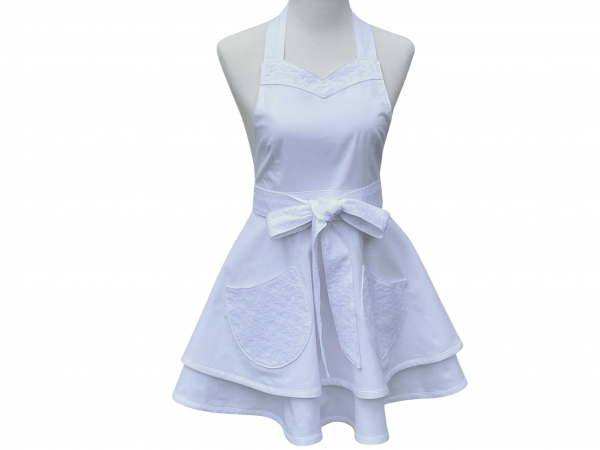 White Retro Style Apron with Lace Trim front view tied in front
