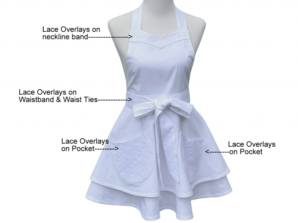 White Retro Style Apron with Lace Trim front with notes about lace overlays