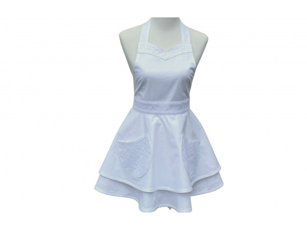 White Retro Style Apron with Lace Trim front view tied in back