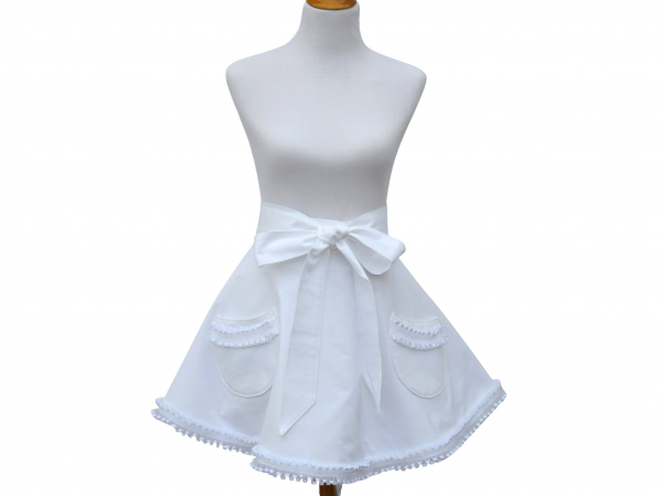 White Ruffled Half Retro Style Apron front view tied in front