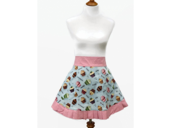 Women's Blue & Pink Cupcake Half Apron Front View tied in back