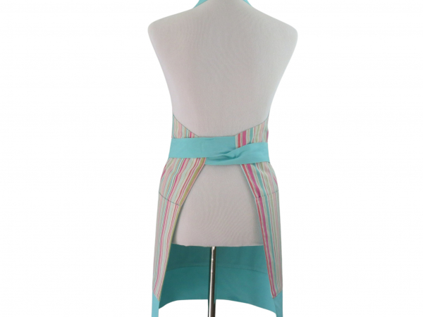 Women's Pink & Blue Striped Apron with Large Pockets back view tied in front