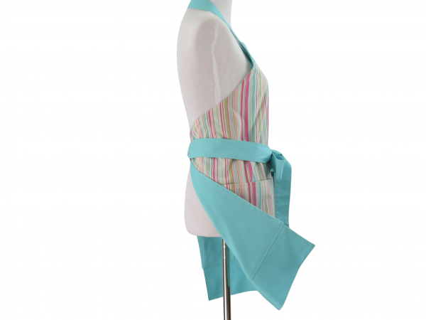 Women's Pink & Blue Striped Apron with Large Pockets reverse lining view