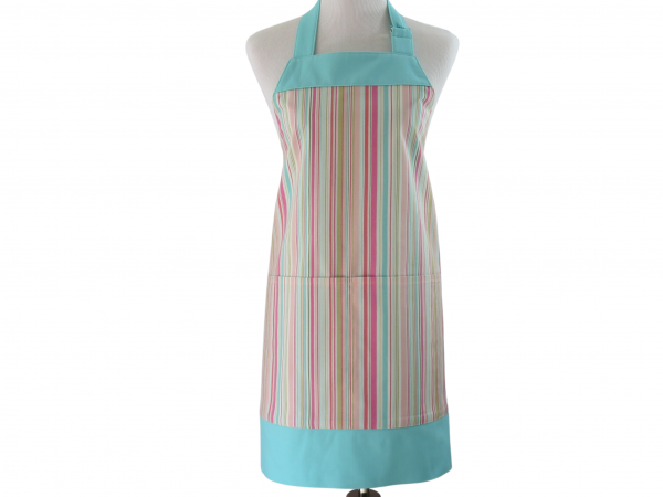 Women's Pink & Blue Striped Apron with Large Pockets front tied in back view