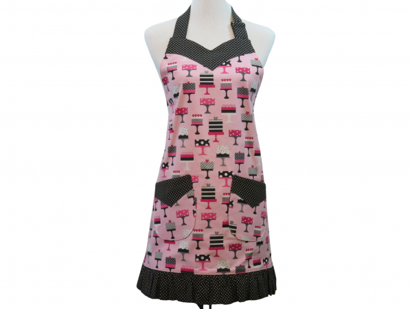 Women's Pink & Black Ruffled Cake Themed Apron front view tied in back
