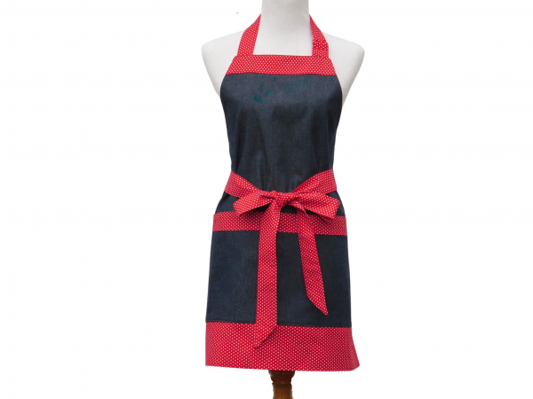 Women's Denim & Polka Dots Apron with Large Pockets Front View tied in front