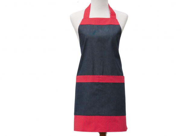 Women's Denim & Polka Dots Apron with Large Pockets front view tied in back