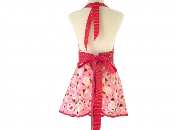Women's Pink Retro Style Cupcakes Apron back view tied in back