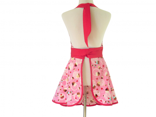 Women's Pink Retro Style Cupcakes Apron back view tied in front
