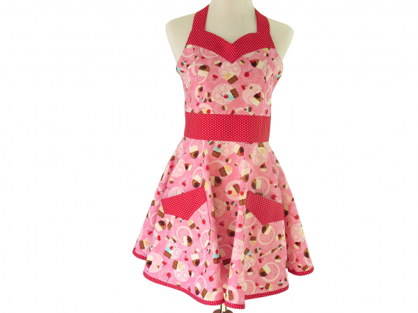 Women's Pink Retro Style Cupcakes Apron front view tied in back
