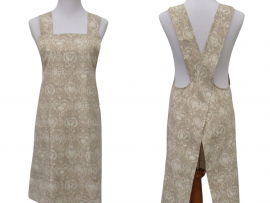 Women's Beige & Cream Damask Japanese Style Apron front & back views