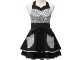 Women's Black & White Damask Retro Style Apron front view tied in front