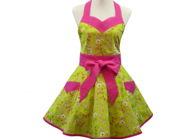 Women's Floral Chartreuse Green & Hot Pink Retro Apron front view tied in front