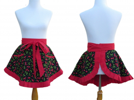 Women's Cherries Half Apron with Pleated Hem front & back views