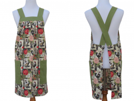Floral Rooster Cross Back Apron fabric front & back view