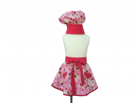 Girl's Pink Half Cupcake Apron front view tied in front with matching chef hat