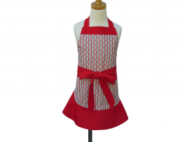 Girl's Blue & Red Floral Stripe Apron front view tied in front