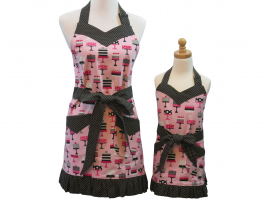 Mother Daughter Pink & Black Ruffled Apron Set front view tied in front