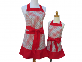 Mother & Daughter Matching Striped Floral Apron Set front view tied in front