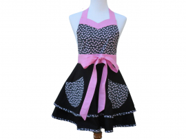 Women's Black & Pink Floral Retro Style Apron front view tied in front