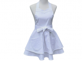 White Retro Style Apron with Lace Trim front view tied in front