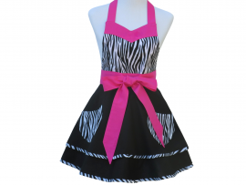 Black, White, Hot Pink & Zebra Stripe Retro Apron Front View tied in front