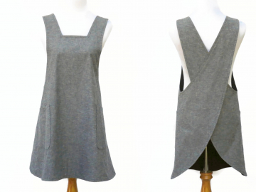 Women's Gray Linen Cotton Blend Japanese Cross Back Style Apron