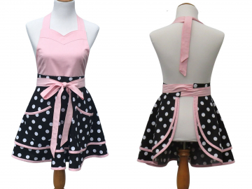 Women's Black & White Polka Dot Apron, with 10 Solid Color Trim Options and a Retro Circle Circle Skirt