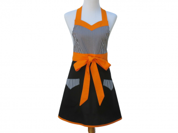 Women's Black & Orange Apron with Sweetheart Neckline & Optional Personalization