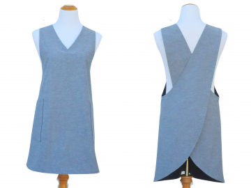 Women's V-neck Blue Chambray Japanese Style Apron, 100% Cotton