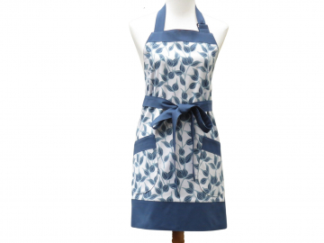 Women's Blue & Gray Apron, in a Vines Leaves Cotton Print with Optional Personalization