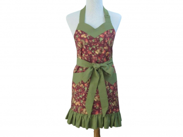 Women's Burgundy & Green Ruffled Fall or Thanksgiving Apron with Optional Personalization