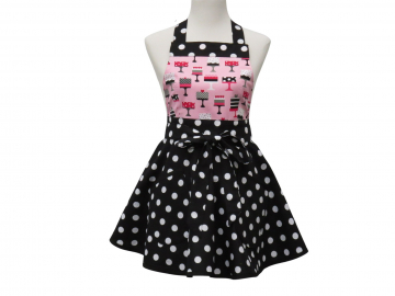 Women's Cake Themed Polka Dot Retro Style Apron, in Black, White & Pink, with Optional Personalization