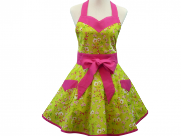Women's Chartreuse & Hot Pink Apron, Retro Style with Full Circle Skirt, Sweetheart Neckline & Optional Personalization