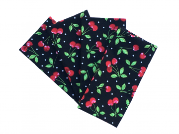 Red Cherries Cloth Napkins, with Green Leaves on Black Background with Polka Dots, Set of 4 or 6, 100% Cotton Fruit Napkins