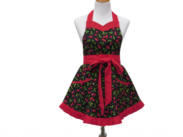 Women's Cherries and Polka Dot Retro Style Apron with Pleated Hem and Optional Personalization