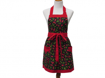 Women's Cherries Gathered Waist Apron in a Cute Black, Red & Green Cotton Print, with Optional Personalization