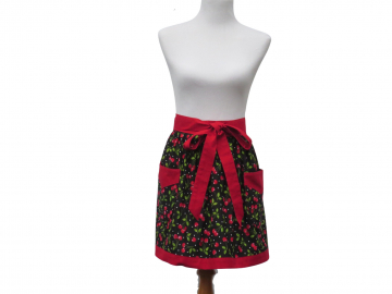 Women's Cherries Half or Full Apron, with Gathered Waist, in Black, Red & Green, 100% Cotton