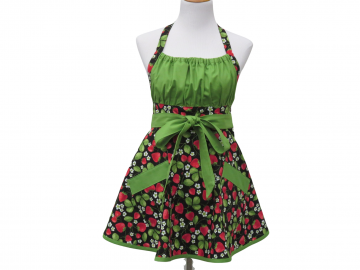 Women's Strawberries Retro Style Apron with a Gathered Bib and Full Circle Skirt