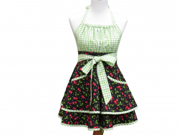 Women's Cherries & Gingham Retro Style Apron with a Gathered Bib and Full Circle Skirt