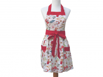 Women's Cooking Themed Gathered Waist Apron in a Cute Novelty Cotton Print with Cooking Supplies, Utensils & Recipes