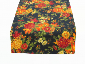 Floral Fall Table Runner with Mums & Pumpkins, 100% Cotton, in 3 widths & 8 lengths