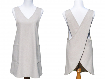 Women's Flax, Beige Neutral Colored Japanese Cross Back Style Apron in a Linen Cotton Blend
